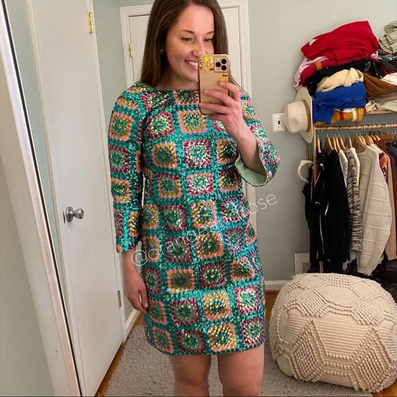 Manoush Sequin Teal Blue Unique Fitted Crochet Pattern Long Sleeve Mini Dress XS - Picture 5 of 14